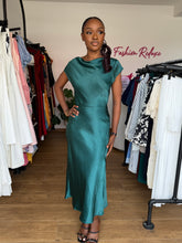 Load image into Gallery viewer, Green satin midi open back dress
