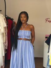 Load image into Gallery viewer, Light blue and white striped cut out elasticated jumpsuit
