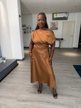 Load image into Gallery viewer, Brown off shoulder satin midi dress
