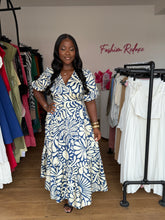 Load image into Gallery viewer, Blue and white wrap maxi dress
