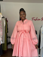 Load image into Gallery viewer, Light pink lace detail belted long sleeves dress
