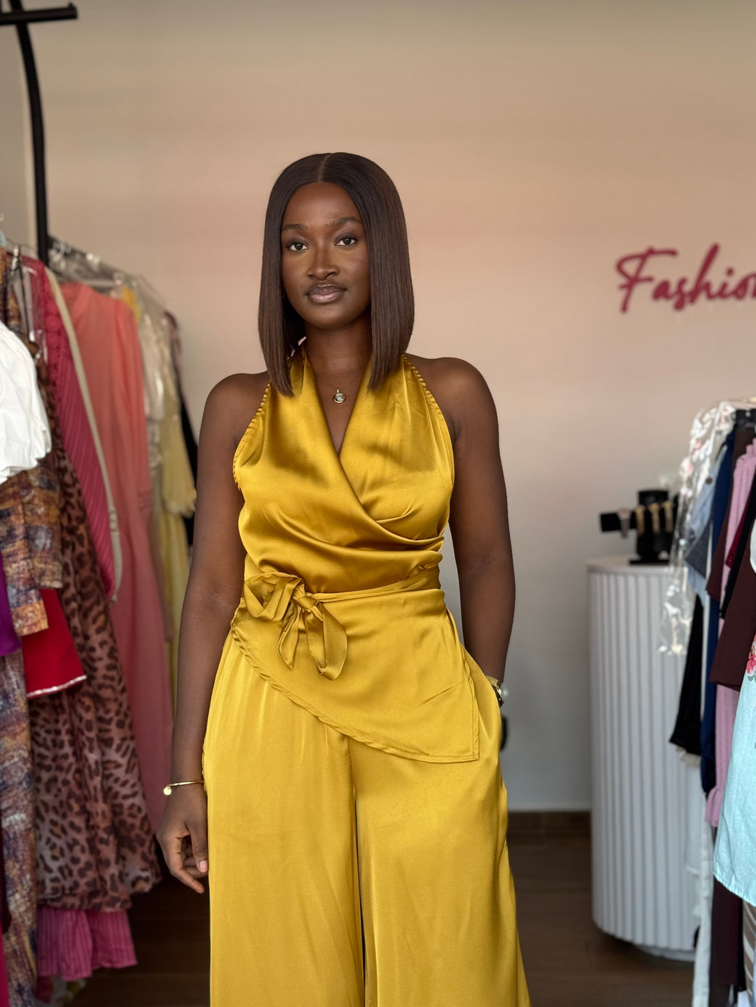 Yellow satin belted two piece