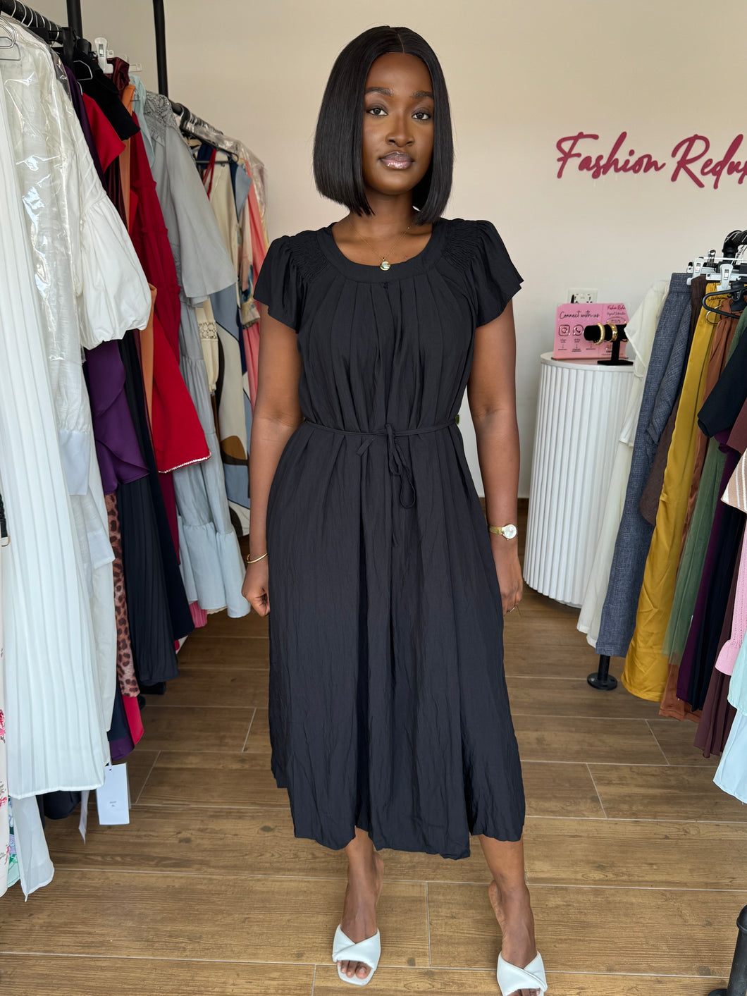 Black midi belted flair dress