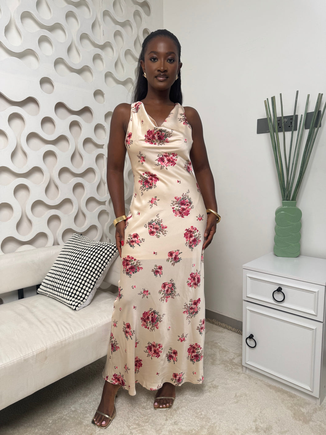 Cream and red floral maxi satin dress