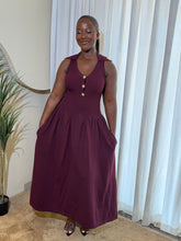 Load image into Gallery viewer, Wine maxi gold button detail dress
