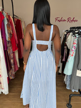 Load image into Gallery viewer, Blue and white midi flair open back dress
