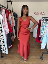Load image into Gallery viewer, Brown satin open back maxi sleeveless dress
