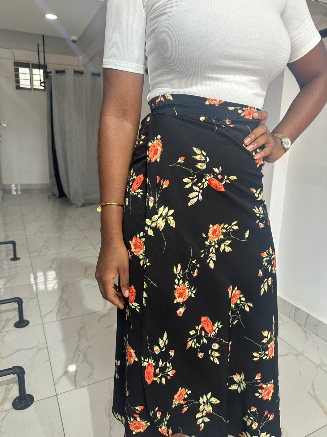 Black floral wrap skirt