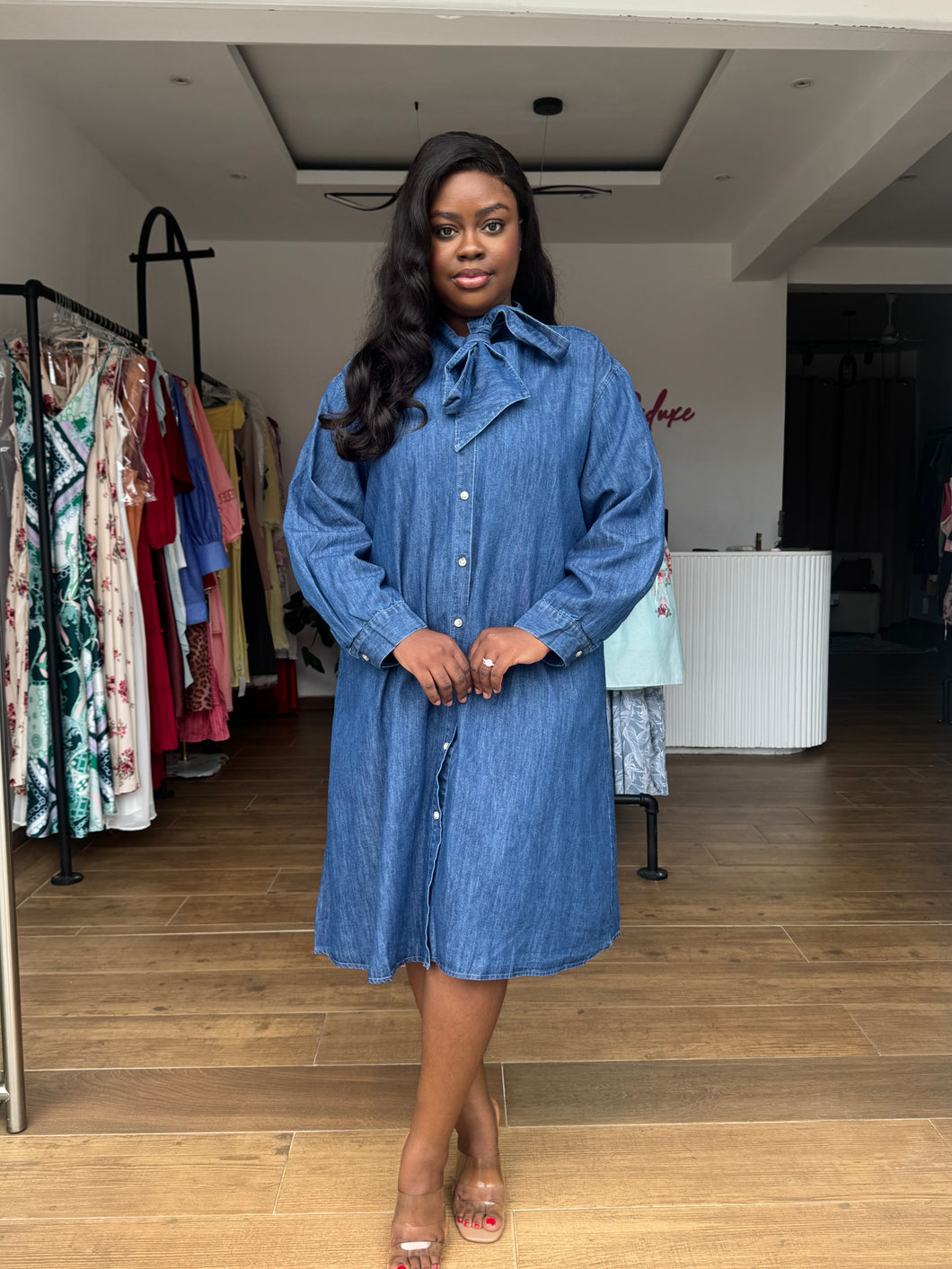 Denim longsleeves tie up dress