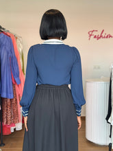 Load image into Gallery viewer, Navy blue with white detail chiffon blouse
