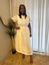 Load image into Gallery viewer, White puff sleeves belted maxi shirt dress
