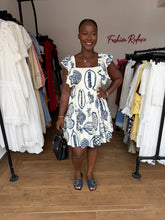 Load image into Gallery viewer, Blue and cream mini frill sleeves dress
