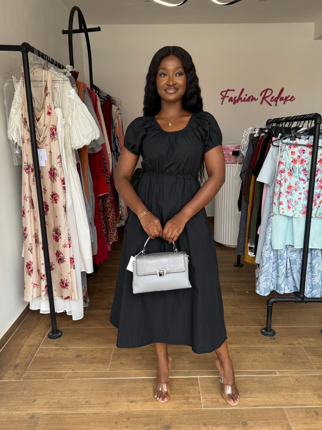 Black puff sleeves midi tie waist dress