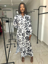 Load image into Gallery viewer, Black and white floral belted maxi dress
