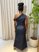 Load image into Gallery viewer, Blue Denim gold detail maxi off shoulder dress
