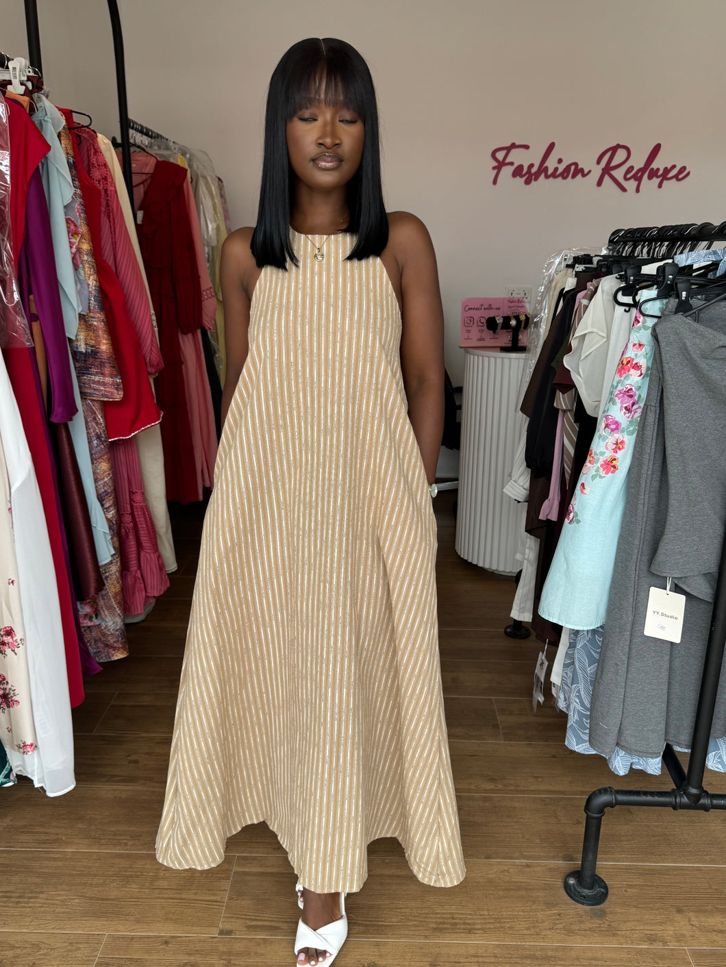 Brown stripped maxi open back dress