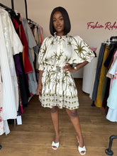 Load image into Gallery viewer, Green and white belted puff sleeves mini belted shirt dress
