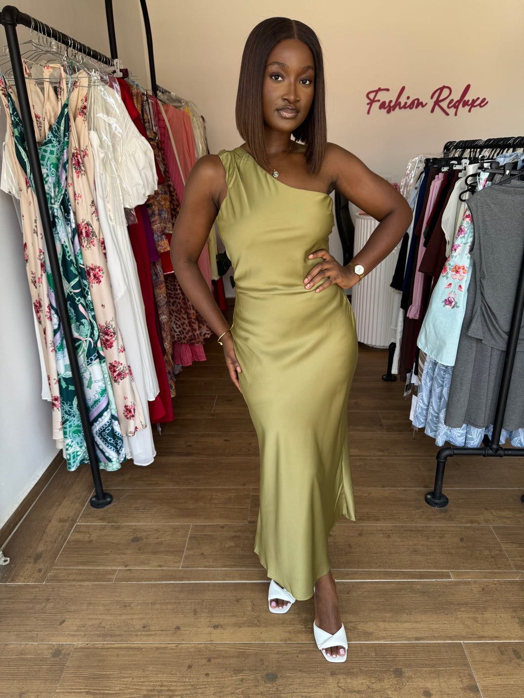 Olive green one arm open back dress