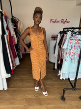 Load image into Gallery viewer, Mustard polka dot ruched midi dresss
