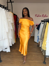 Load image into Gallery viewer, Yellow satin cowl back bodycon midi dress
