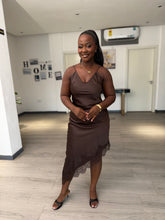 Load image into Gallery viewer, Brown satin lace detail midi dress
