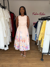 Load image into Gallery viewer, Light pink floral sleeveless belted midi flair dress
