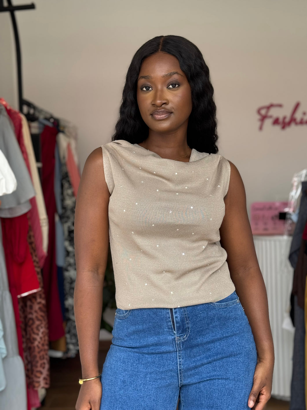 Grey jeweled sleeveless top