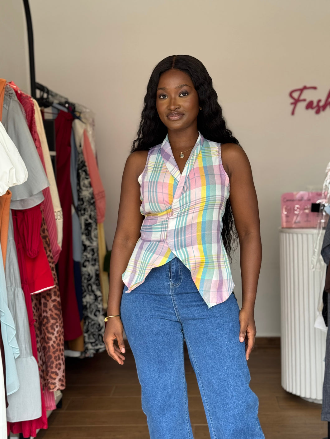 Multi colored sleeveless wrap top