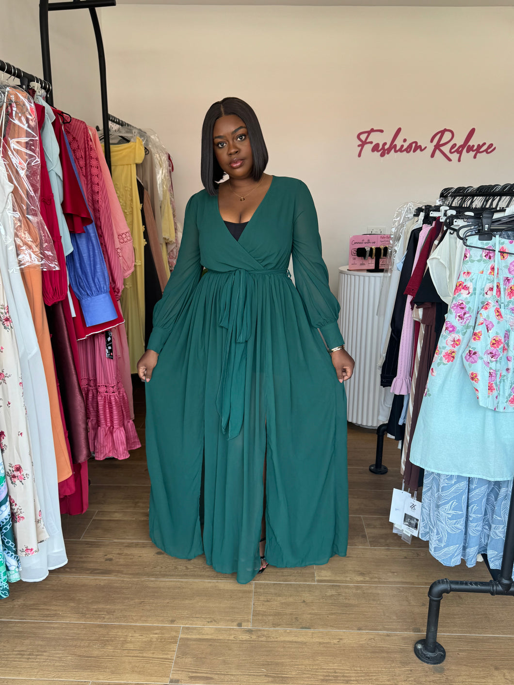 Green longsleeves belted chiffon maxi dress