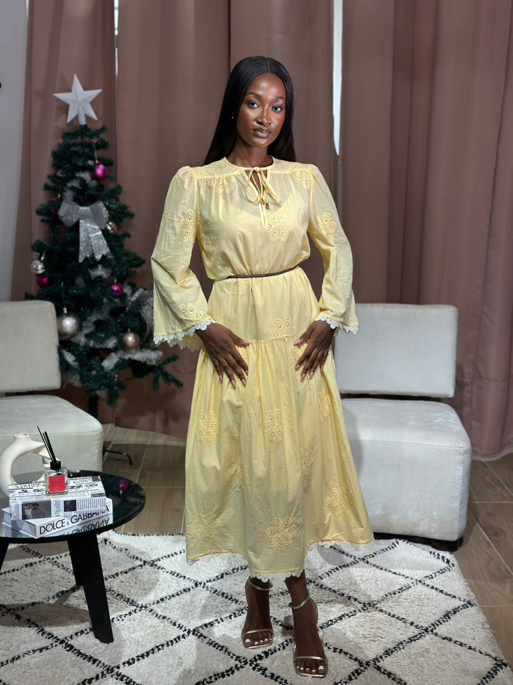 Yellow brown belted long sleeves maxi dress