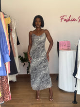 Load image into Gallery viewer, Black and white chiffon midi cowl neck dress
