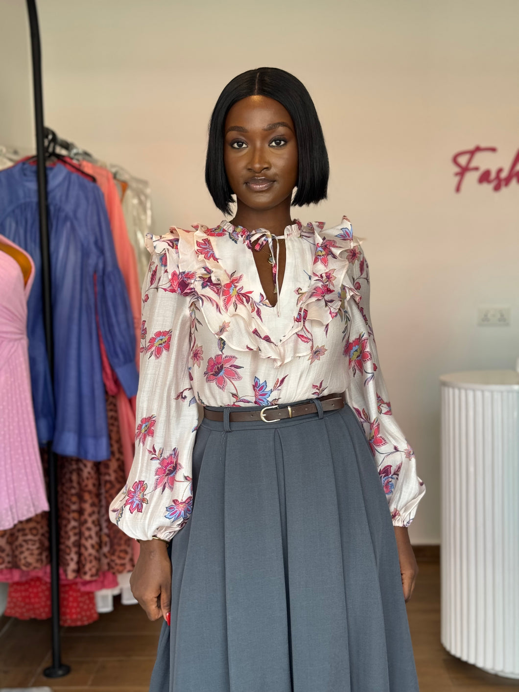 Pink floral chiffon blouse