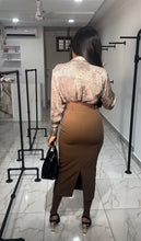 Load image into Gallery viewer, Brown belted midi pencil skirt
