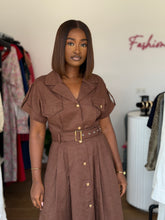 Load image into Gallery viewer, Brown linen sleeveless belted dress
