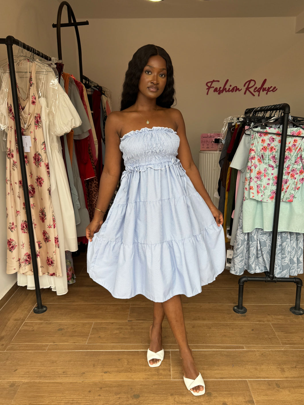 Blue and white sleeveless midi dress