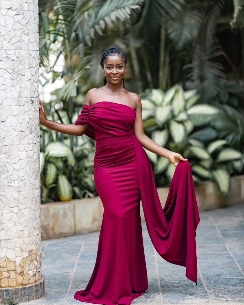 Maroon Offshoulder maxi dress